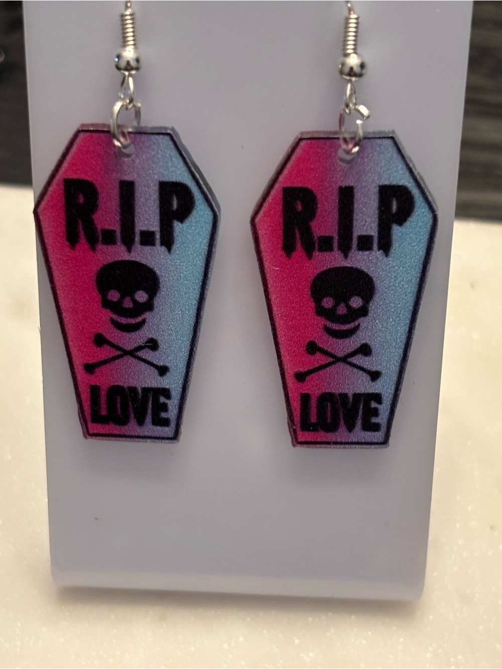 RIP LOVE Coffin Acrylic Dangle Earrings, Pink Blue Ombre, Silver Hook, New